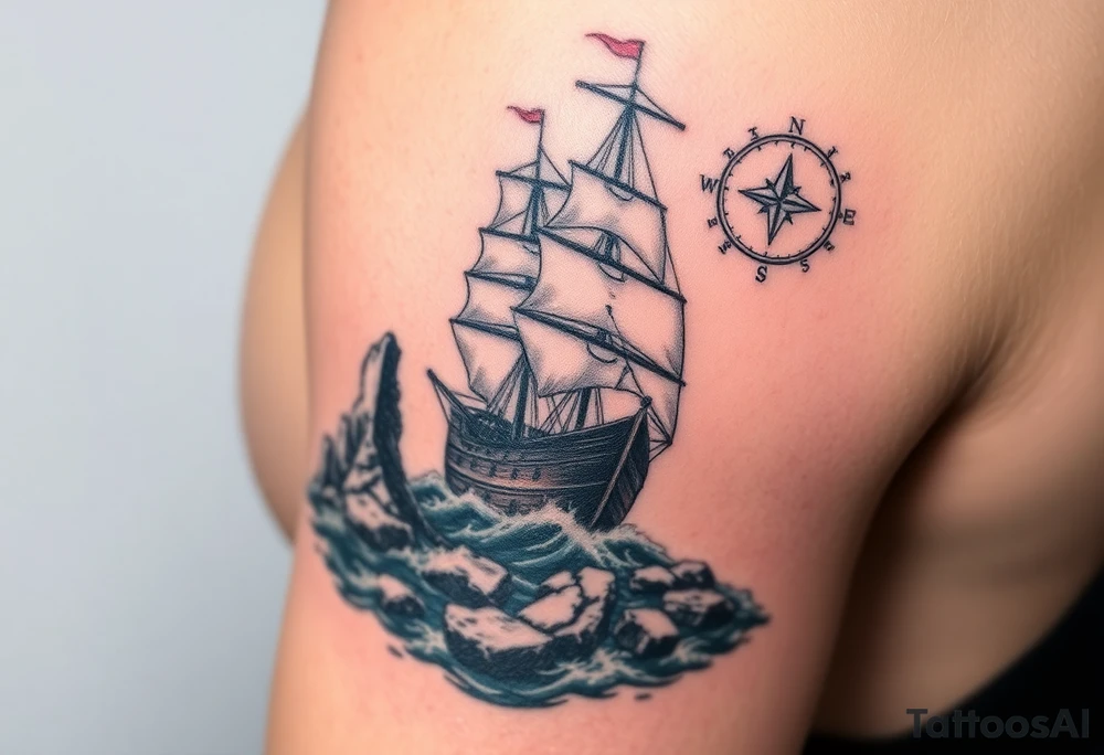 A tattered galleon ship sailing toward a stormy and rocky shore and a compass pointing home tattoo idea