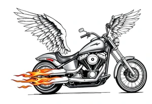 Low rider grey motorcycle, big muffler pipes with flames, angel wings, driving away, no person tattoo idea