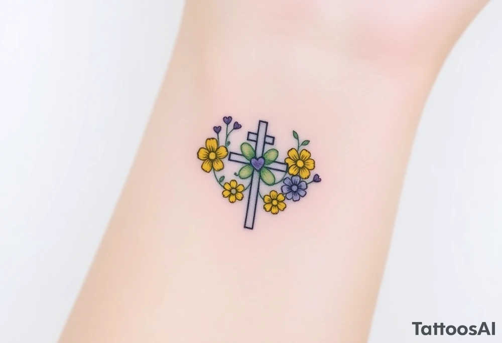 Yellow daisy Purple Hearts around a cross tattoo idea