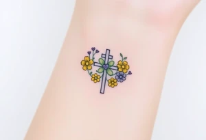 Yellow daisy Purple Hearts around a cross tattoo idea