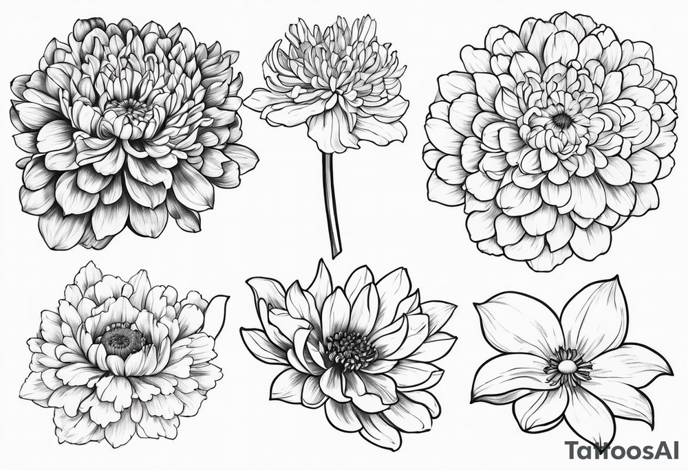 One stemless marigold, chrysanthemum, and
narcissus side by side tattoo idea One stemless marigold, chrysanthemum, and
narcissus side by side tattoo idea
