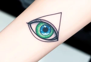 Large outline of an almond shaped eye with an ace of spades for the eyeball colored greenish blue with a crescent moon stars and clouds inside vivid colors blue green purple tattoo idea