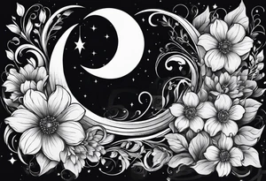 Crescent moon with a heart inside, shrouded by beautiful flowers with wisps of mist tattoo idea