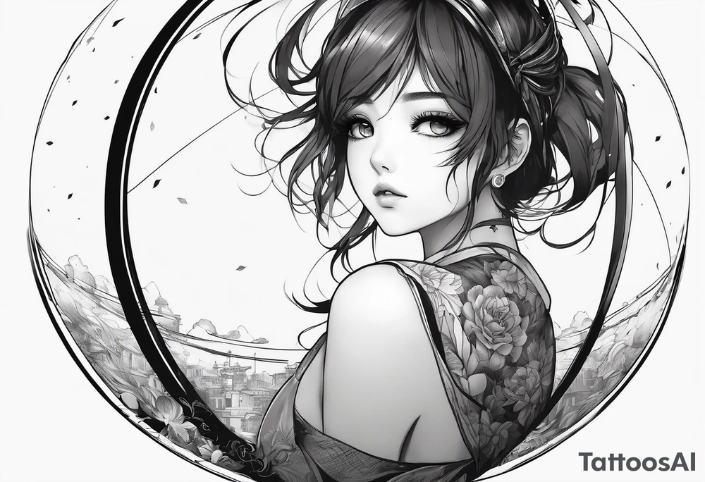 an anime girl sitting on a sphere, staring front tattoo idea an anime girl sitting on a sphere, staring front tattoo idea