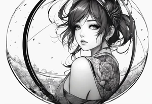 an anime girl sitting on a sphere, staring front tattoo idea