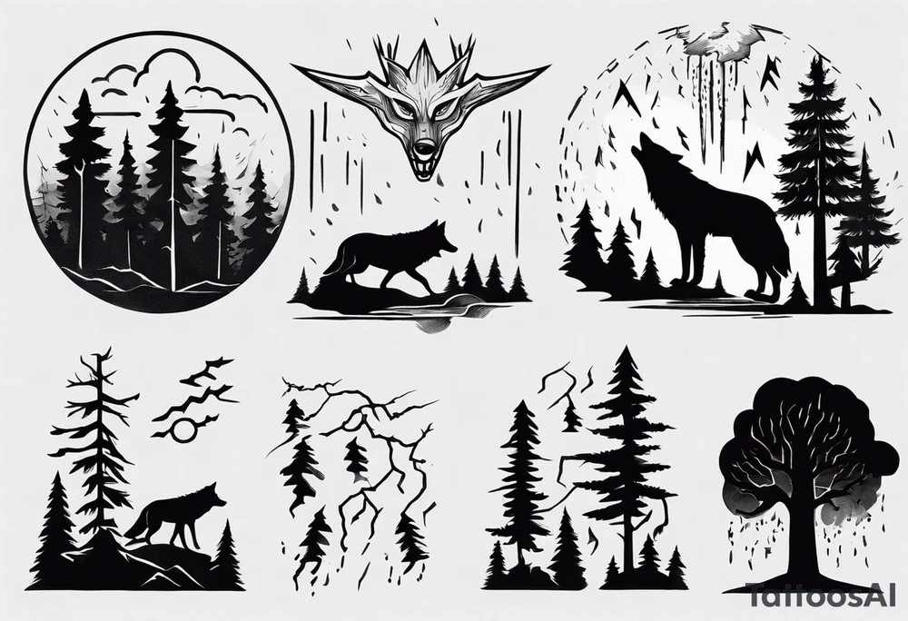 a thunder and lightning storm over a forest with a distant wolf howling and a drums tattoo idea a thunder and lightning storm over a forest with a distant wolf howling and a drums tattoo idea