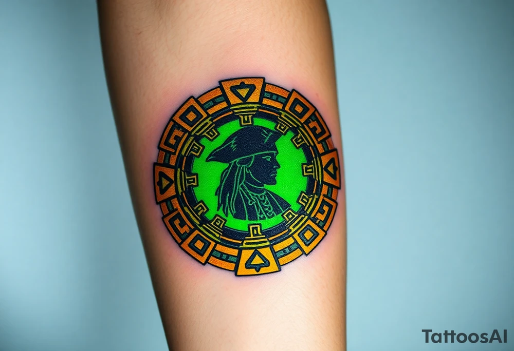 A golden medallion from the cursed Aztec treasure, glowing with eerie green energy, with Jack Sparrow’s silhouette reflected in its surface tattoo idea