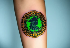 A golden medallion from the cursed Aztec treasure, glowing with eerie green energy, with Jack Sparrow’s silhouette reflected in its surface tattoo idea