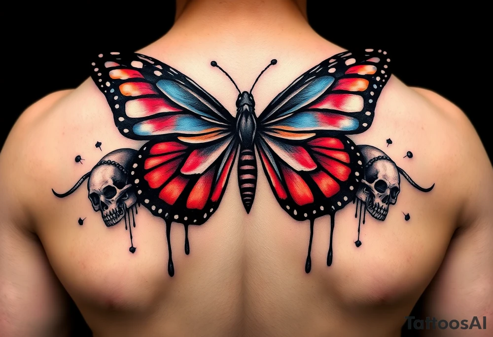 powerful majestic and dark monarch butterfly with skull detail in the wings
hidden skulls in wings, with a dripping effect, including blue, red and white colouring tattoo idea
