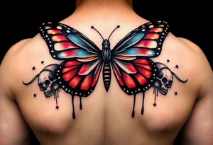 powerful majestic and dark monarch butterfly with skull detail in the wings
hidden skulls in wings, with a dripping effect, including blue, red and white colouring tattoo idea