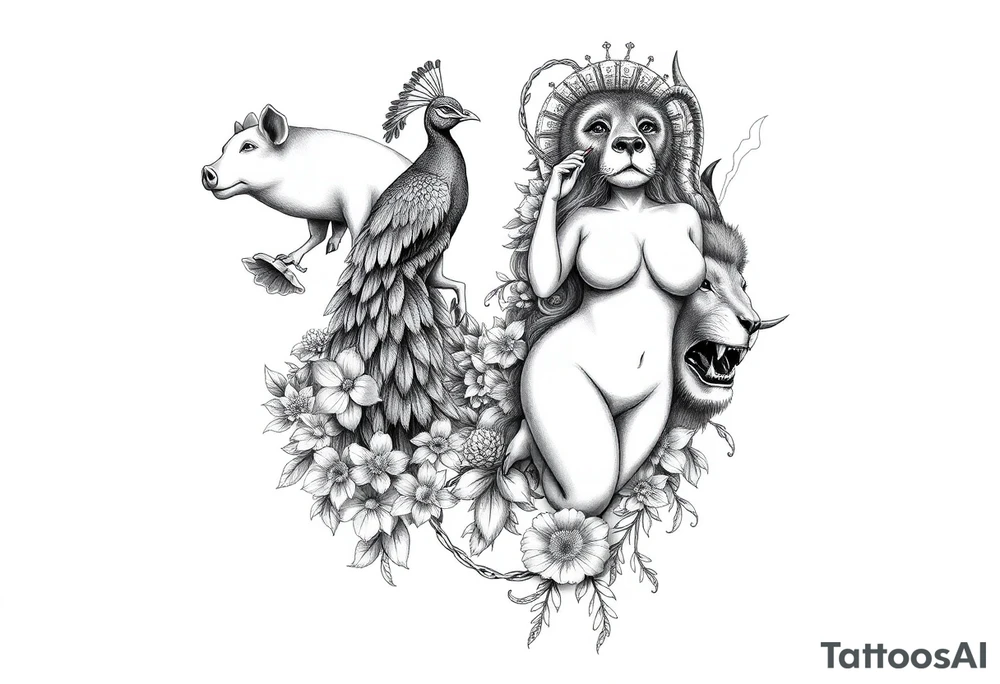Storm clouds, pig, peacock , fat sexy naked fat woman, cupcakes, noose , money, goat, lion, couple having sex, cigerette storm lightening, killing, darkness, anger tattoo idea