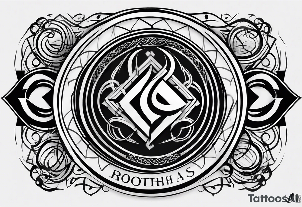 "Design Concept: Brotherhood Bond - A tattoo symbolizing the unbreakable bond between three brothers. Central symbol: Interlocking circles/arrows. Incorporated elements: Birth years integrated subtly, sticker sleeve influence. Placement: Arm wrap. Style: Bold black and white. Symbolic meaning: Unity and shared experiences. tattoo idea
