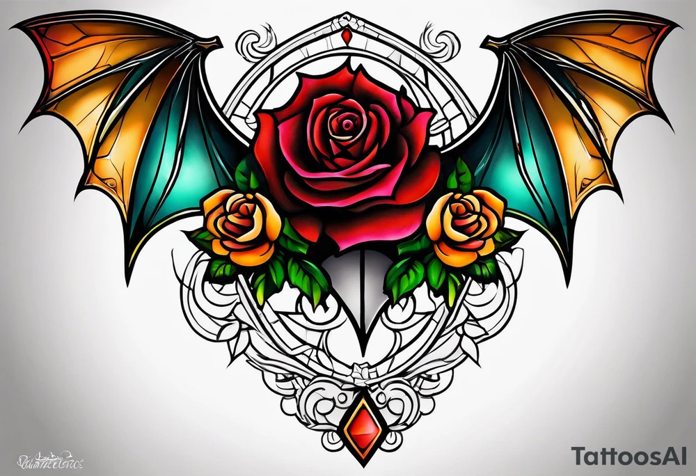 traditional Knee tattoo in fall colors with a Bat face and rose tattoo idea
