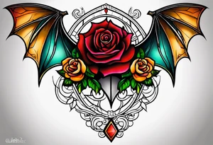 traditional Knee tattoo in fall colors with a Bat face and rose tattoo idea