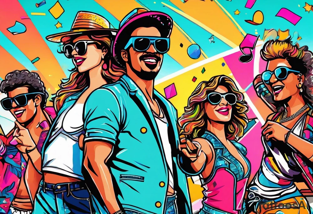 1980's style dance party with boom box and confetti in a beach theme. include people in 80's miami beach clothes, music note. tattoo idea