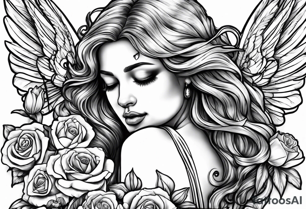 crying broken angel on swing add rose, lily daffodil, daisy, carnation narcissus around add hummingbird tattoo idea