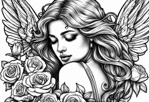 crying broken angel on swing add rose, lily daffodil, daisy, carnation narcissus around add hummingbird tattoo idea