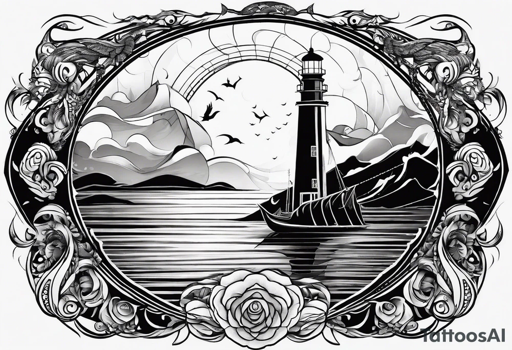 phoenix survolant un voilier. lune. phare marin tattoo idea