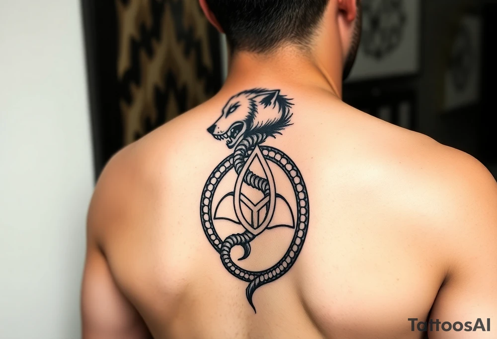 Wolf 🐺: strength, loyalty, family, and freedom

Ouroboros 🐍: signifies the perpetual cycle of creation and destruction, life and death, and the unity of opposites.

Triskelion: Cycles of life
Sleeve for men tattoo idea
