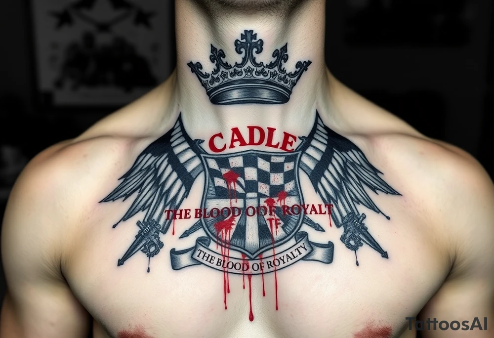 Men Doom Crest  with A Giant King Crown, CAUDLE written inside red, a chessboard, blood splatter on top of two  racing flags & OTF inside, The Words The Blood Of Royalty in red underneath the crest & 🌍 symbol in red outside of the crest, And raining blood drops, Jets/Airplanes/Helicopters/explosives flying above & Guns & Tanks & soldiers & knights plus ships tattoo idea