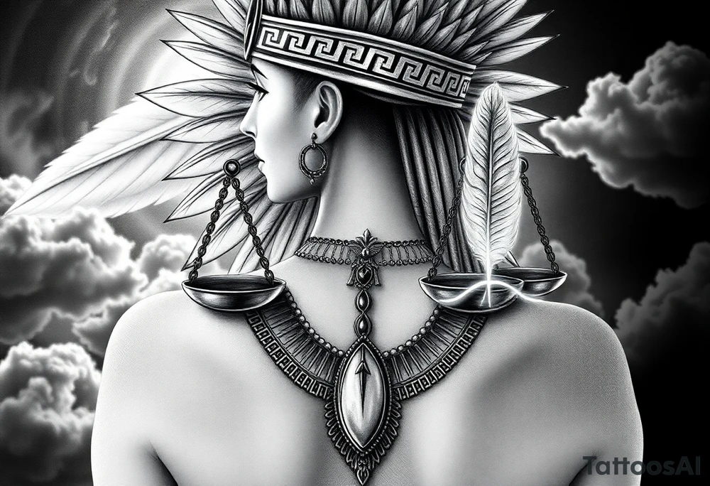 Beautiful Egyptian goddess and elegant body, depicted as a regal woman with an ostrich feather headdress, and intricate ancient Egyptian jewelry such as the Anhk necklace. Background includes something similar to heaven. Incorporate the Scales of Justice—one side holding a heart, the other Ma’at’s feather—glowing with ethereal energy. Emphasize dramatic lighting, deep shadows, and surreal, mystical atmosphere tattoo idea