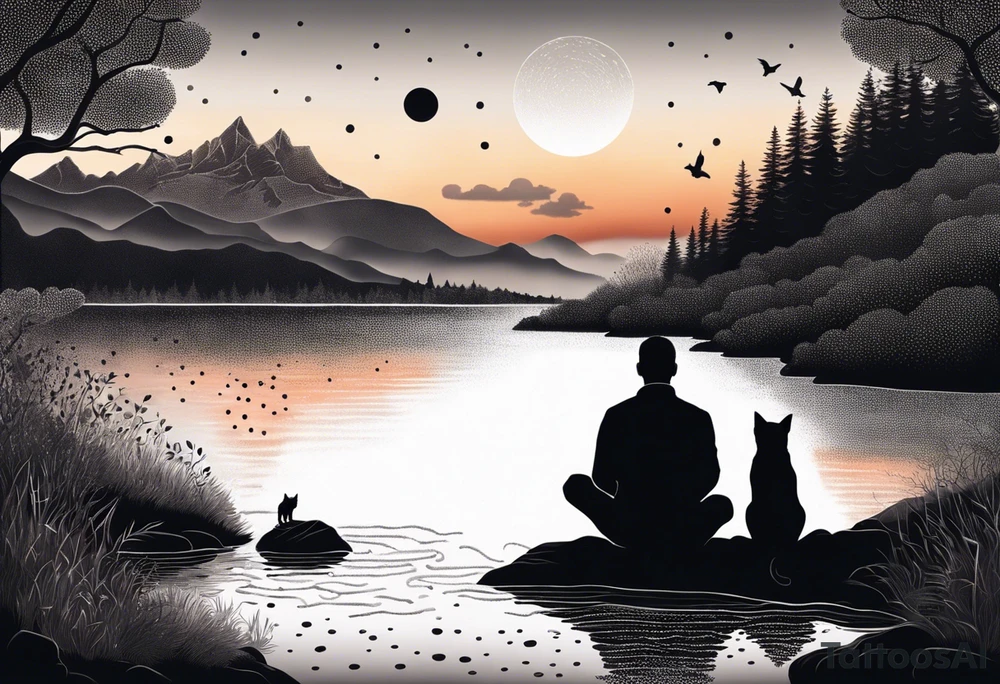 nature, sunset, mountains, a father and son with his dog and cat sitting by the water tattoo idea