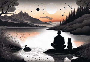 nature, sunset, mountains, a father and son with his dog and cat sitting by the water tattoo idea