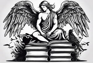 Angel kneeling next to open stack of books with bird silhouettes flying out of the book. tattoo idea