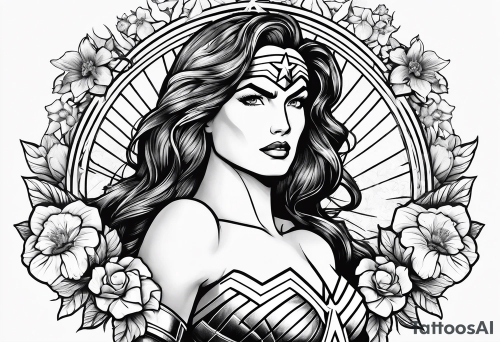 Wonder Woman symbol design with flowers tattoo idea