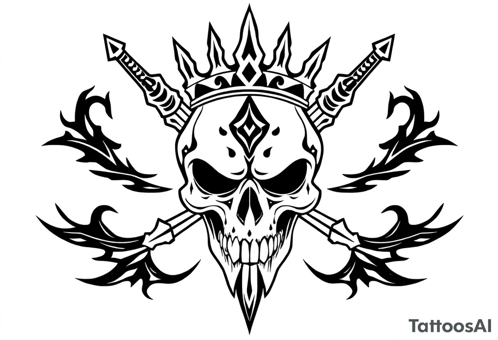 ornate skull adorned with crown of daggers and fire tattoo idea