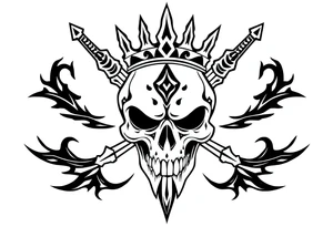 ornate skull adorned with crown of daggers and fire tattoo idea