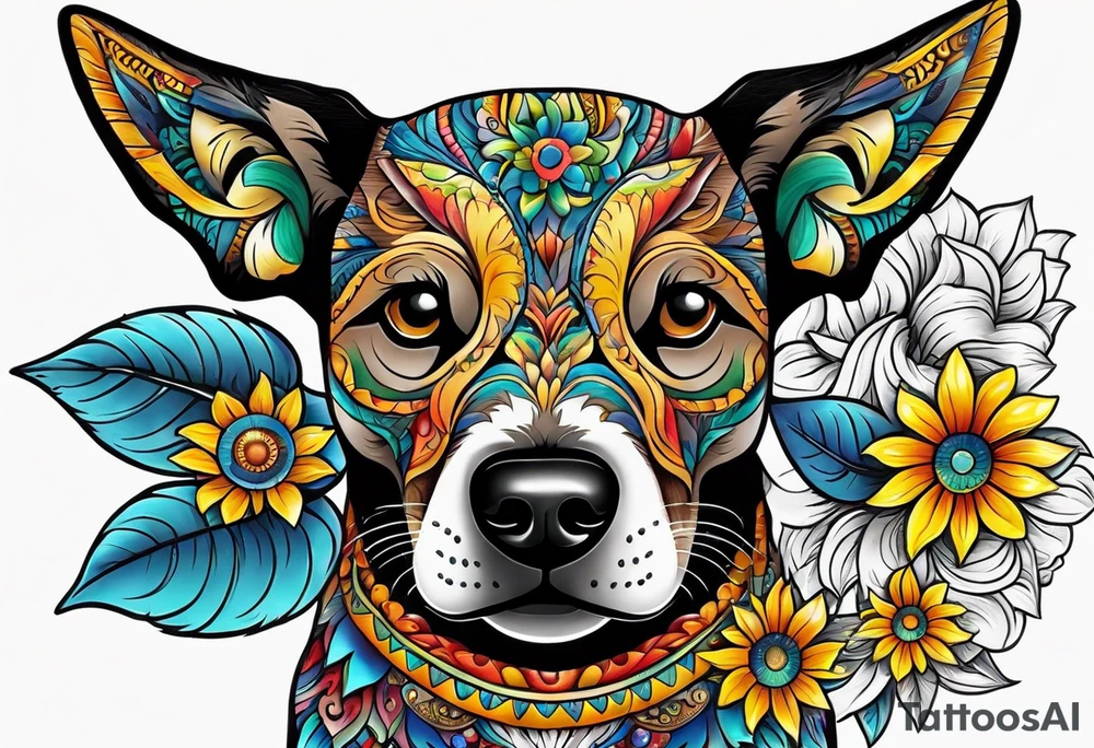 Alebrije dog face with sunflowers tattoo idea