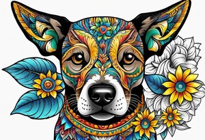 Alebrije dog face with sunflowers tattoo idea