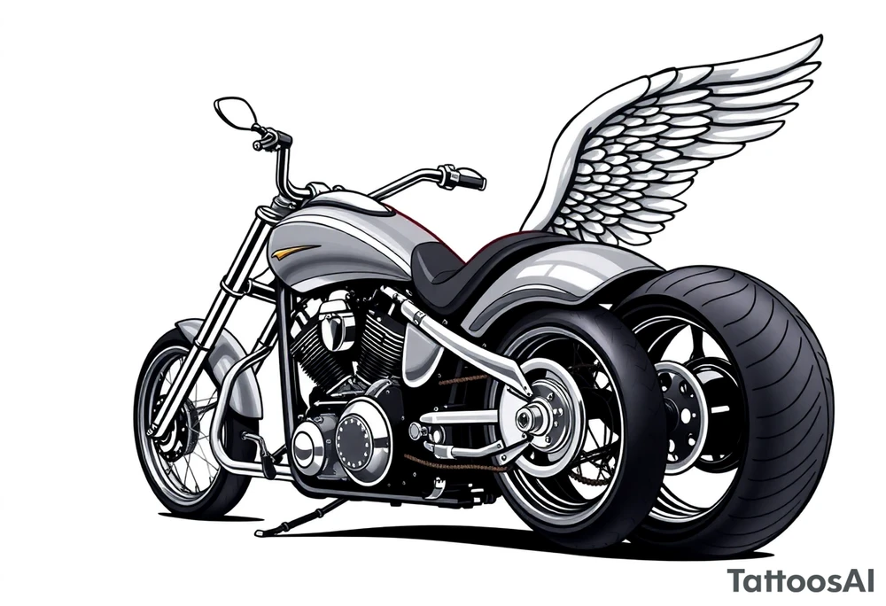 Low rider grey motorcycle, big muffler pipes with flames, angel wings, driving away, no person tattoo idea