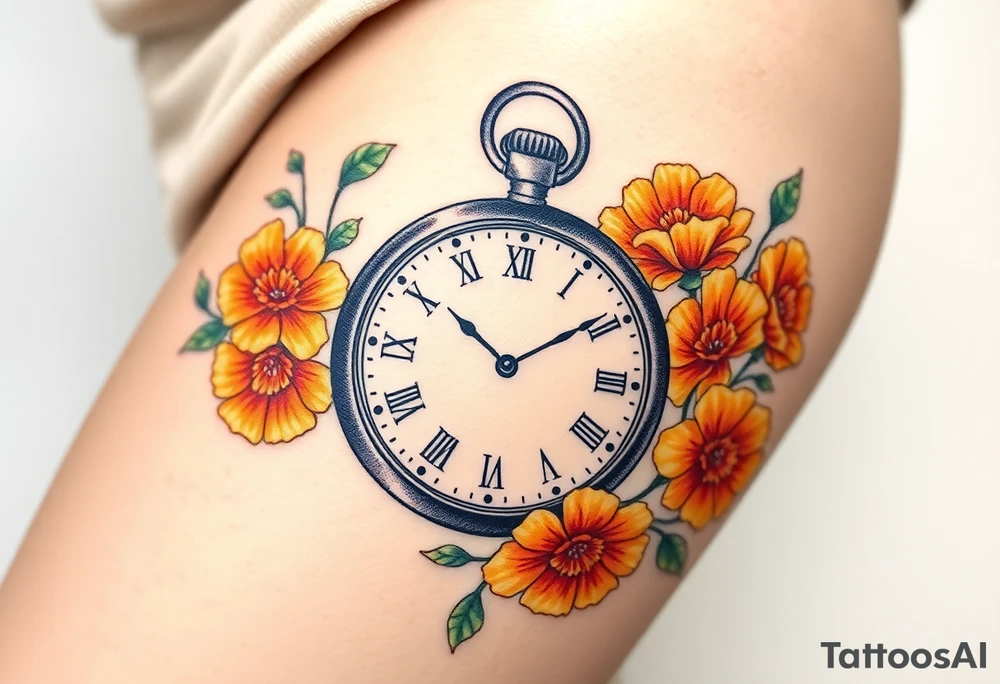 Beautiful pocket watch surrounded by orange marigolds tattoo idea