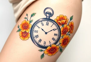 Beautiful pocket watch surrounded by orange marigolds tattoo idea