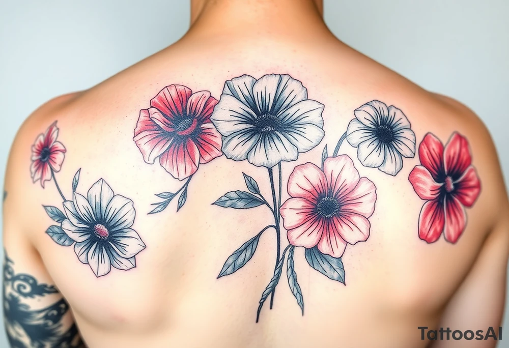 Upper arm and shoulder sleeve
Realistic
Water color
Fine line
Birth flowers for the months of
February 
July
August
October
December
Multi colored tattoo idea