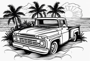 Beach theme, palm trees,waves, sunset, classic truck, marijuana leaf tattoo idea