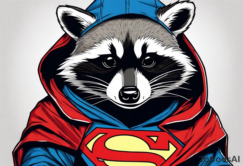 Raccoon wearing a Superman hoodie tattoo idea