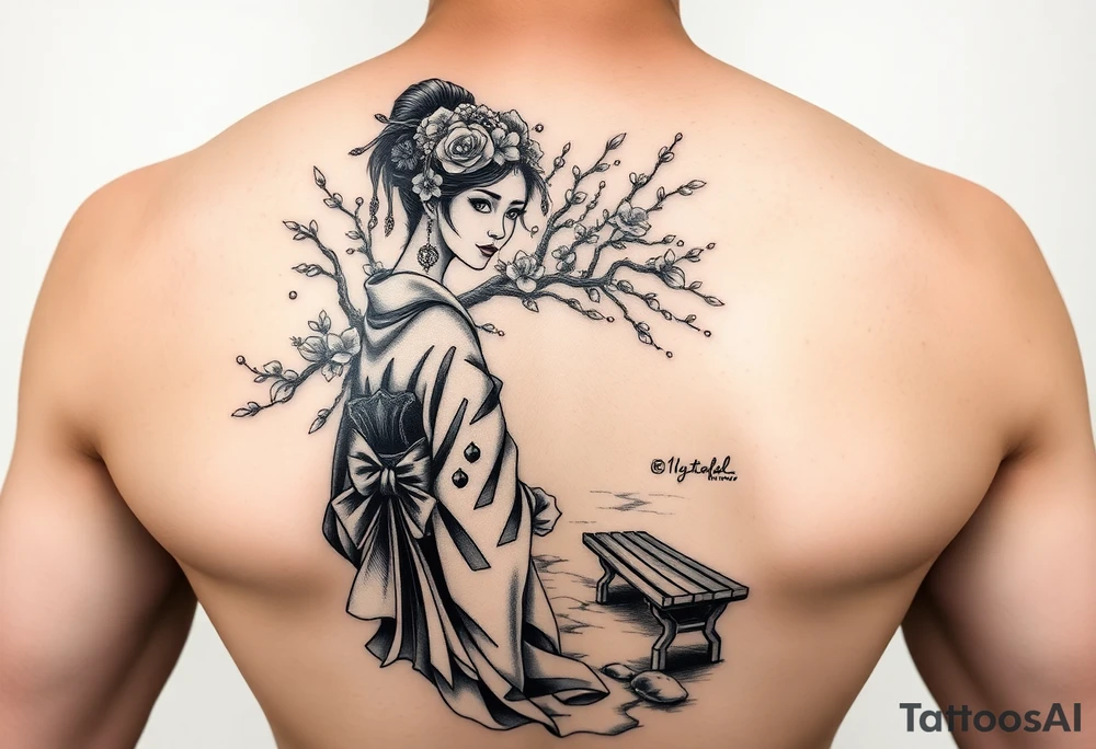 Fierce Japanese geisha with cherry blossom tree river and stone bench tattoo idea