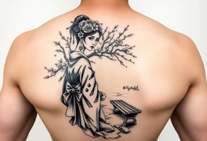 Fierce Japanese geisha with cherry blossom tree river and stone bench tattoo idea