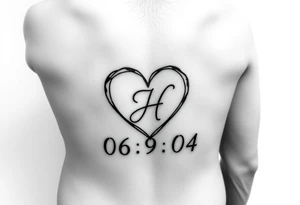 06/9/04 under the date is a heart inside the heart is a letter H in cursive on the lower back waist tattoo idea