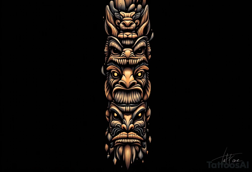 A black and brown totem pole with stacked animal faces carved into bark-like texture. tattoo idea