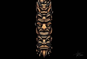 A black and brown totem pole with stacked animal faces carved into bark-like texture. tattoo idea