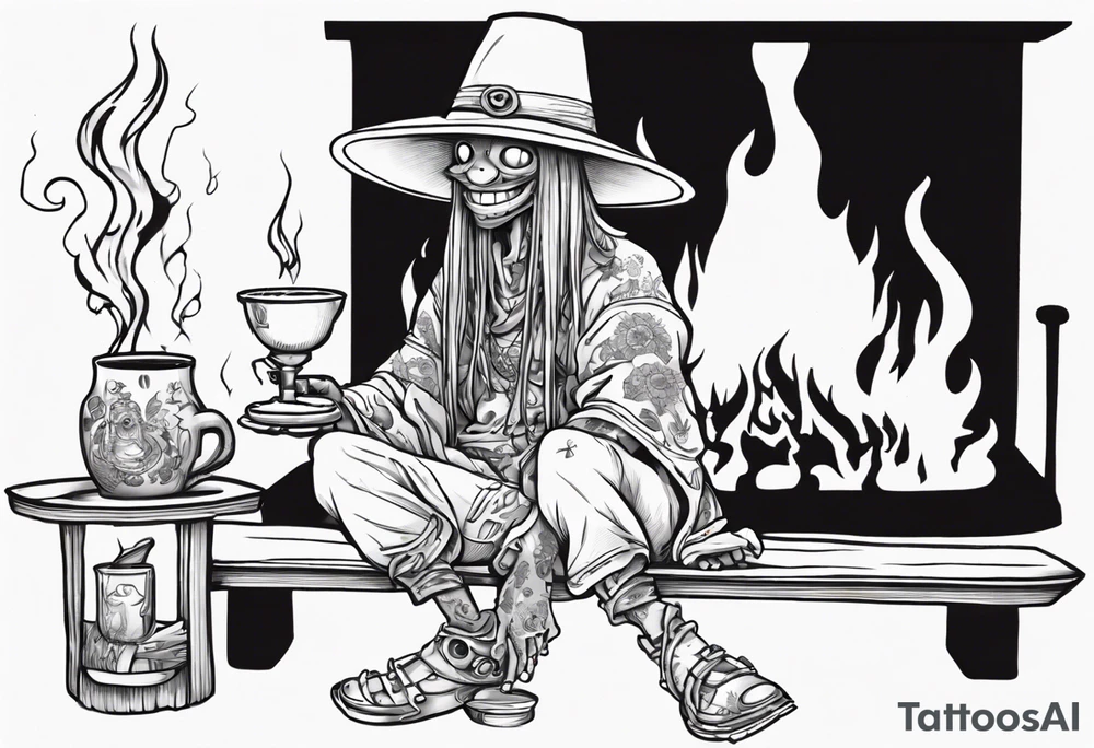 a myconid wearing a tunic and a floppy hat sitting on a bench by a fireplace drinking from a wood cup, smiling tattoo idea
