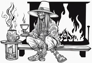a myconid wearing a tunic and a floppy hat sitting on a bench by a fireplace drinking from a wood cup, smiling tattoo idea