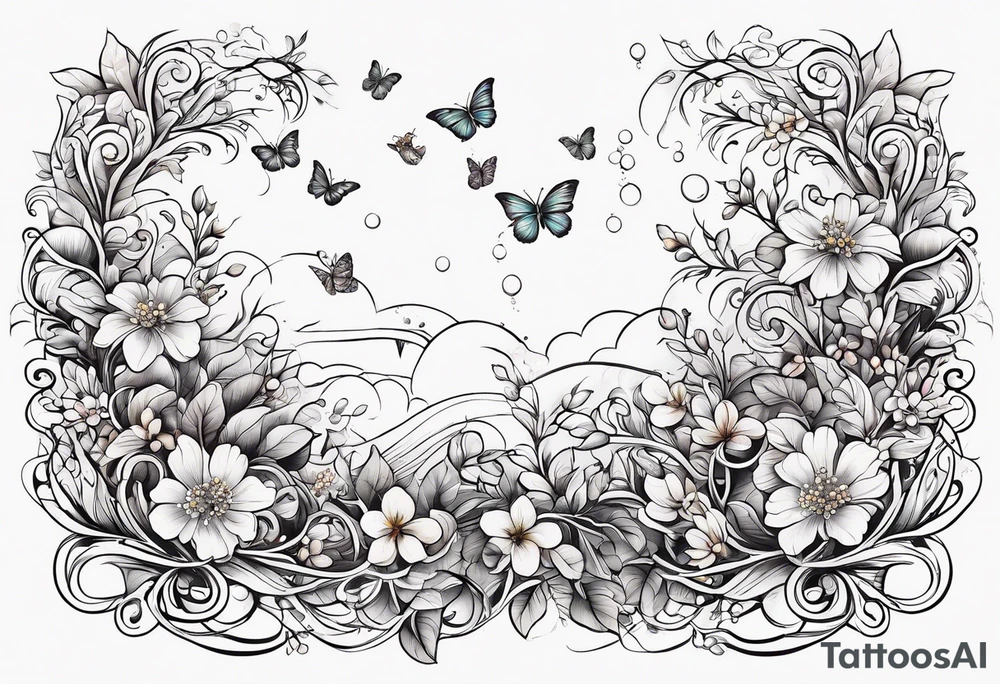 Winding branches and leaves and tiny flowers with a small moth and bubbles tattoo idea