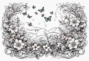 Winding branches and leaves and tiny flowers with a small moth and bubbles tattoo idea