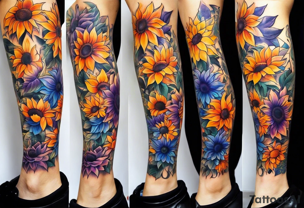 Full leg sleeve with purple, orange and blue sunflowers tattoo idea Full leg sleeve with purple, orange and blue sunflowers tattoo idea
