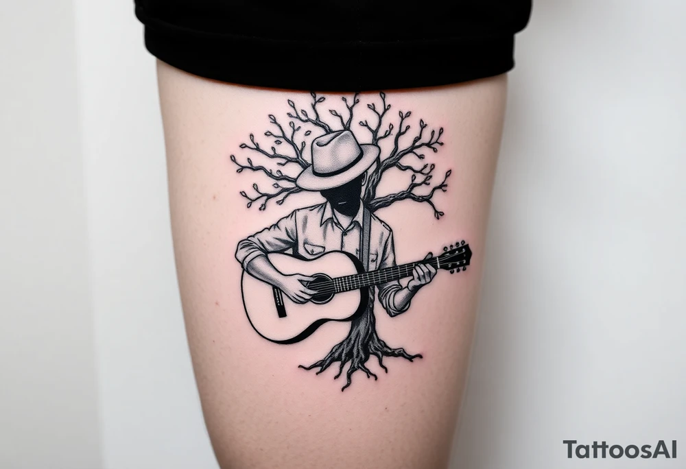 Man with hat but cant see face 
playing acoustic guitar underneath tree of life concept style tattoo idea